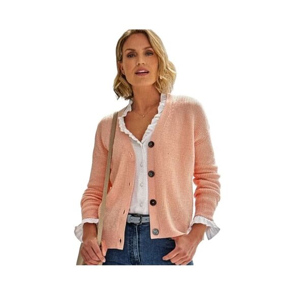 PURE COLLECTION RIBBED V-NECK CARDIGAN. PEACH SORBET - Picture 1 of 8